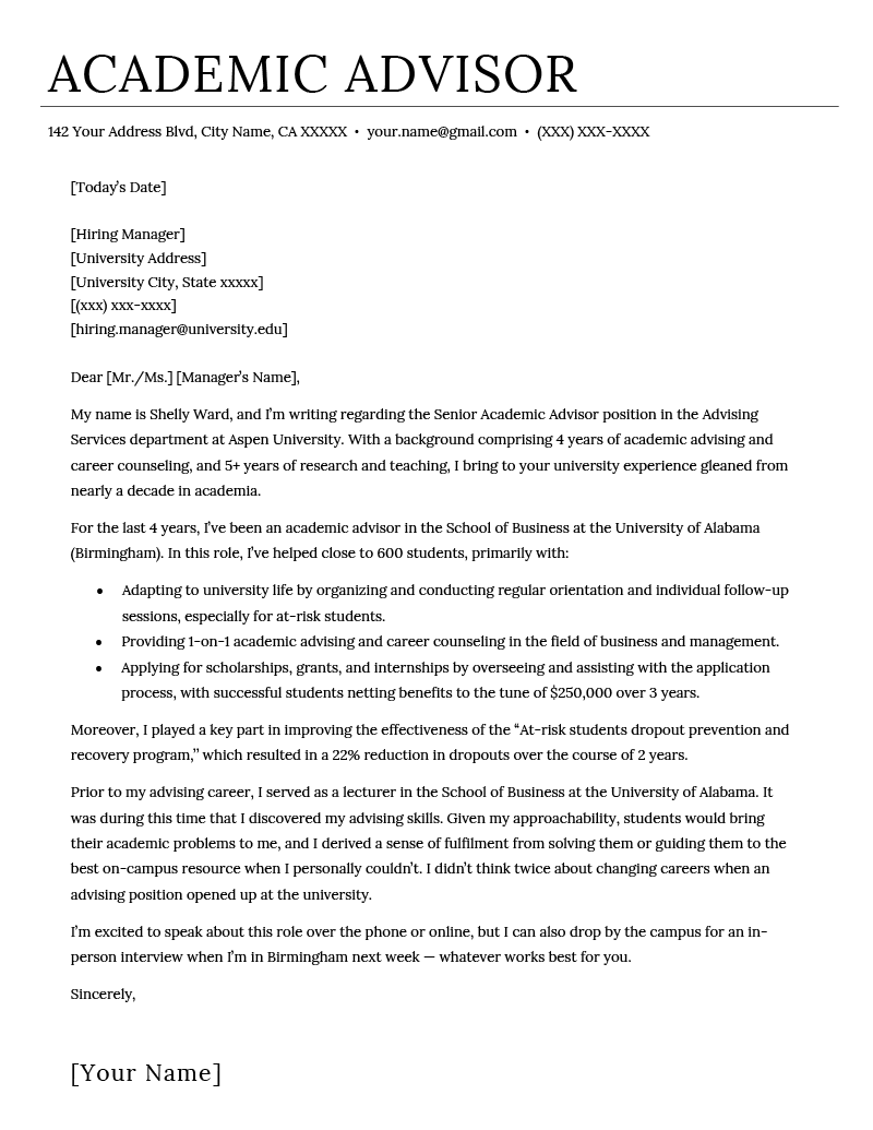 Academic Advisor Cover Letter Example And Skills List 2025 