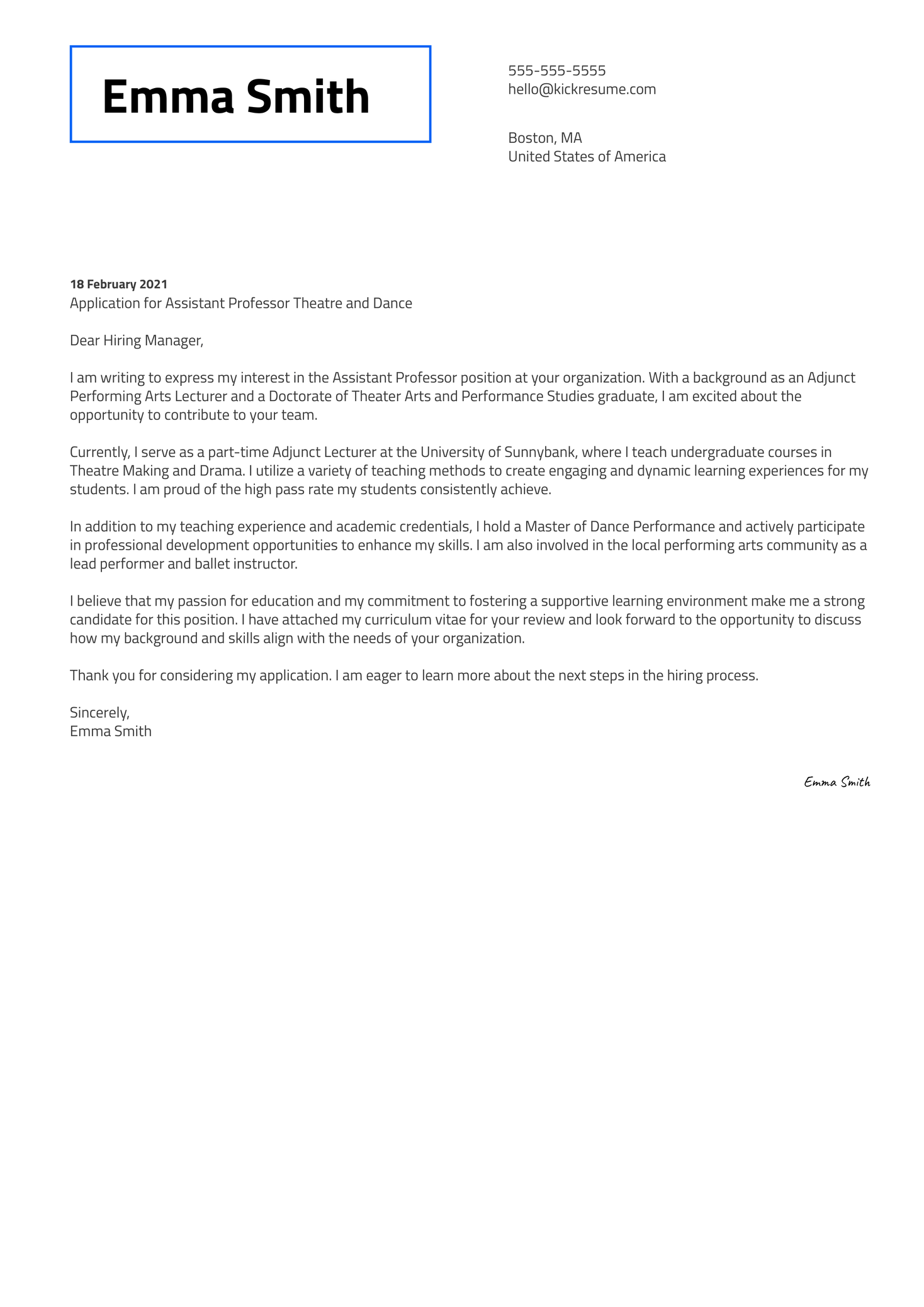 Assistant Professor Theatre And Dance Cover Letter Sample Kickresume