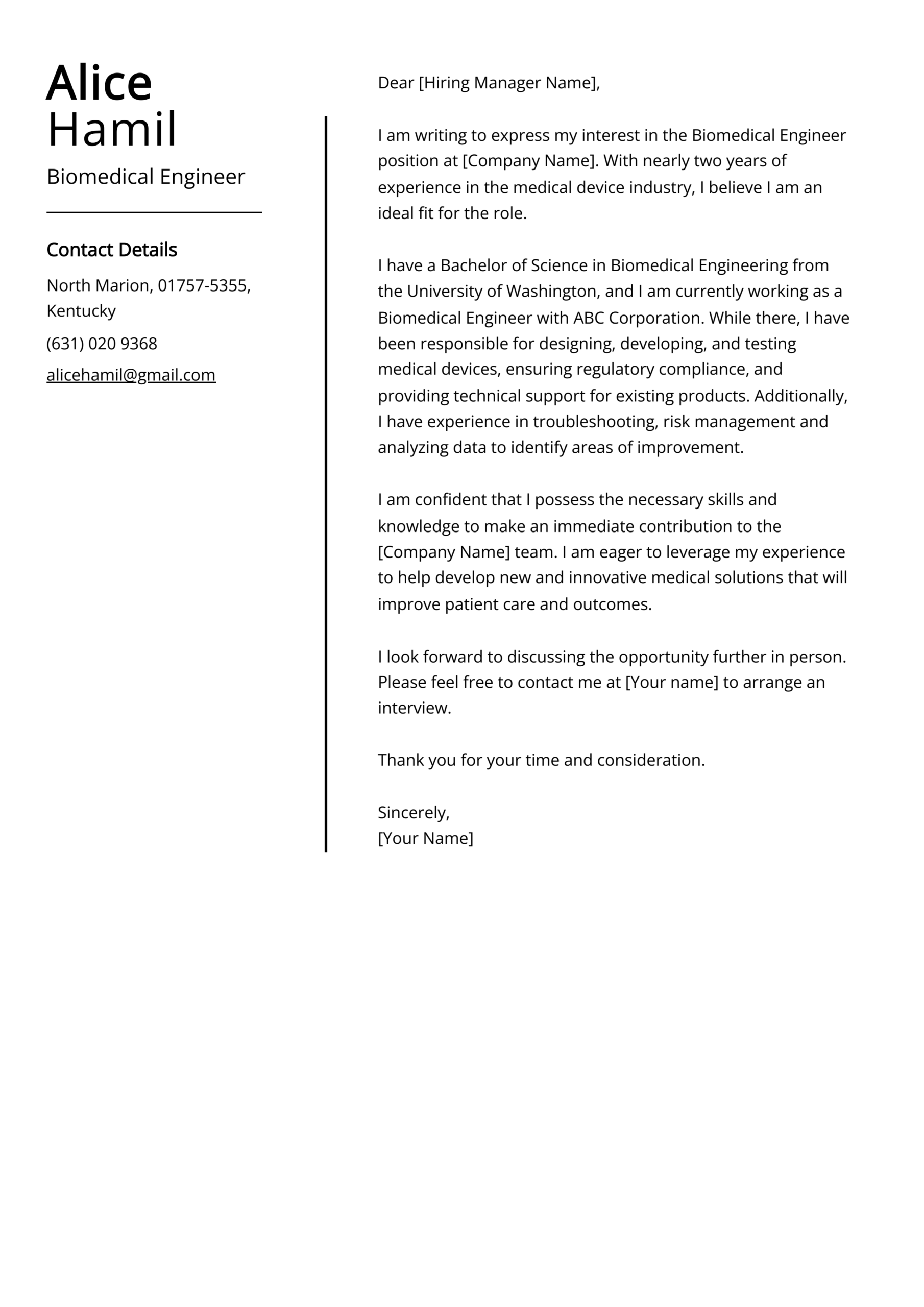 Biomedical Engineer Cover Letter Example Free Guide 