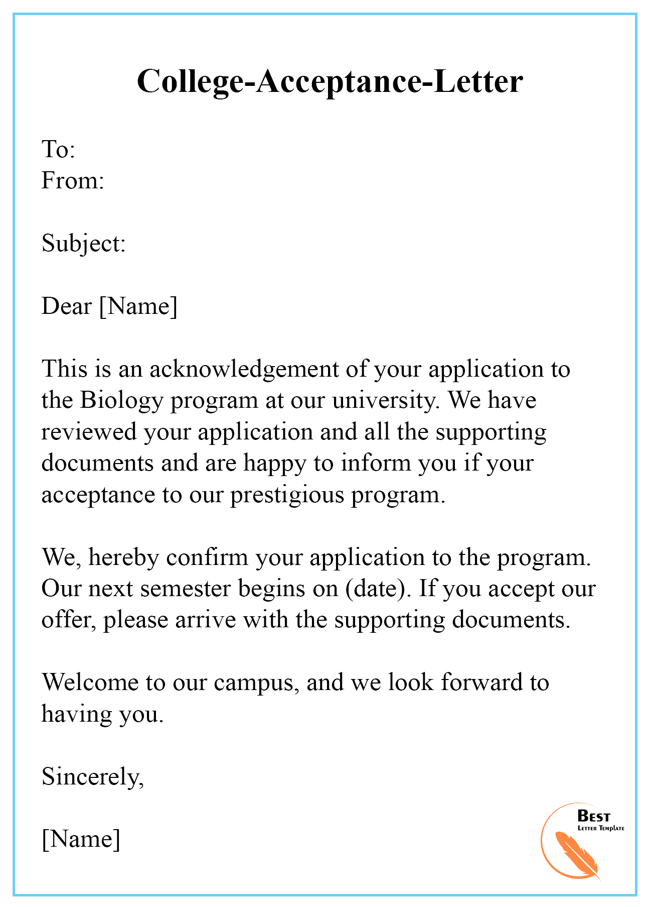 College Acceptance Letter Template Format Sample Examples