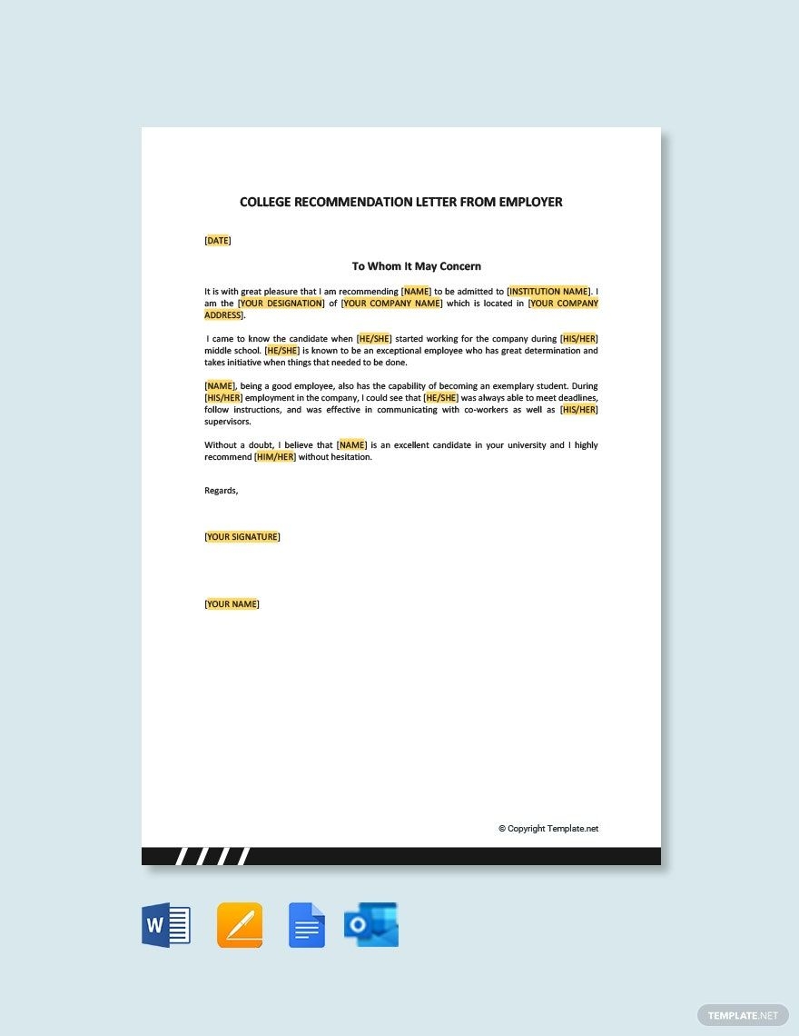 College Recommendation Letter From Employer In Pages Word Google Docs PDF Download Template