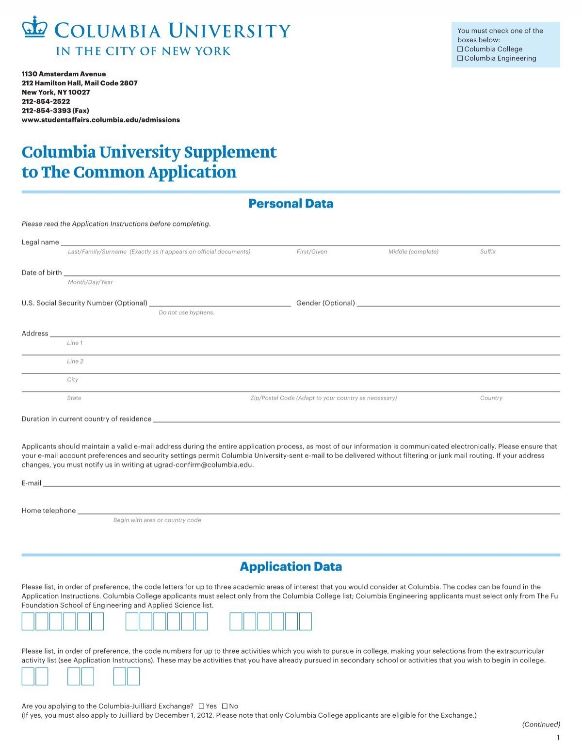 Columbia University Supplement To The Common Application