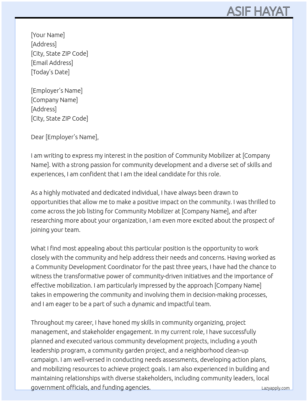 Cover Letter For Community Mobilizer LazyApply