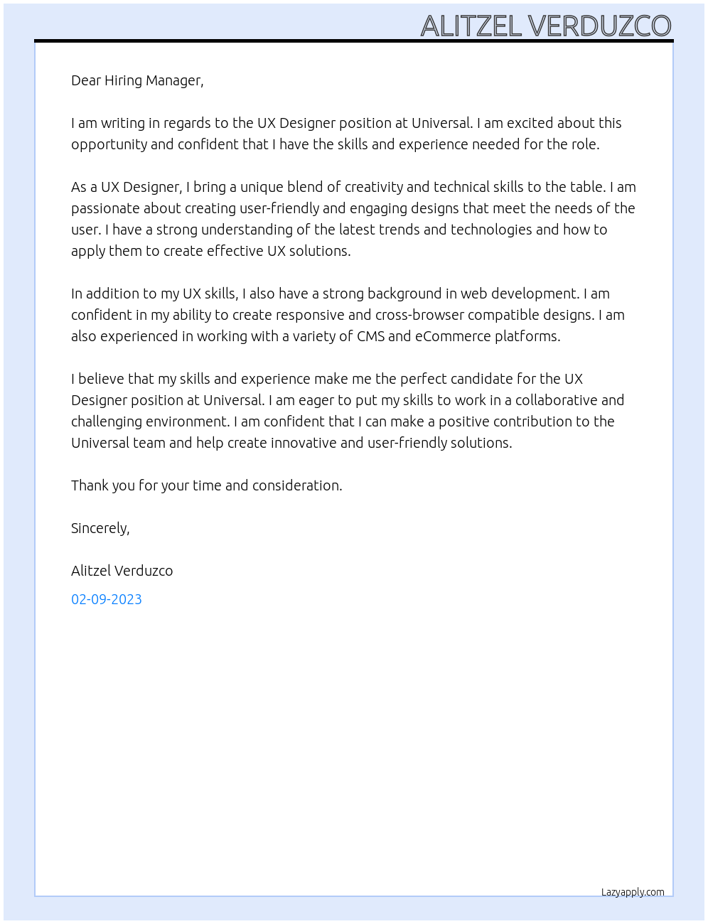 Cover Letter For Universal LazyApply
