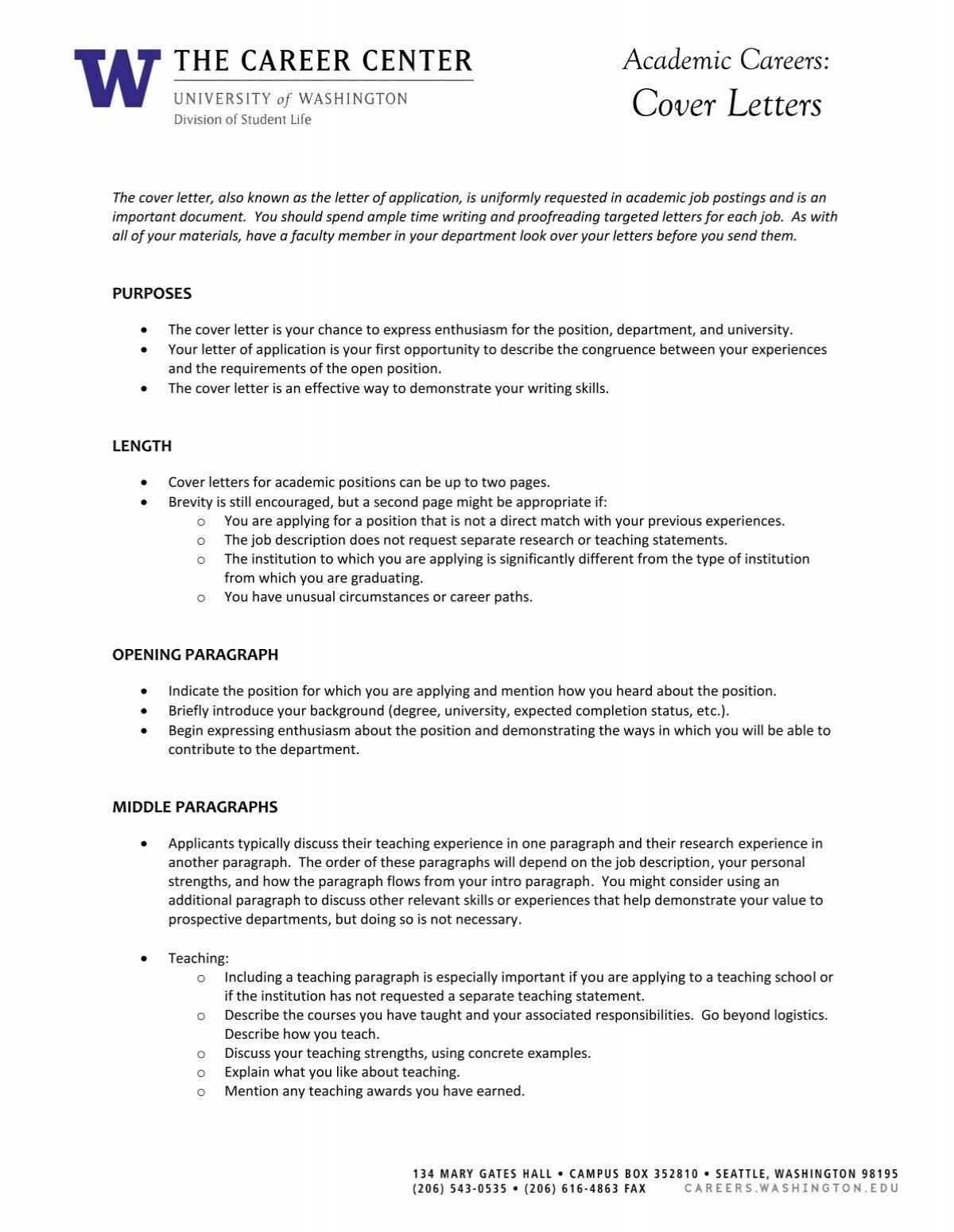 Cover Letters The Career Center Of The University Of Washington