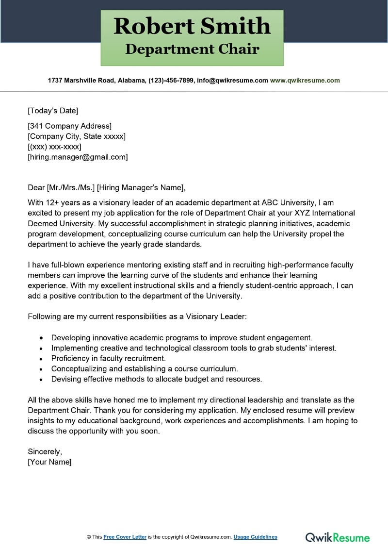 Sample Application Letter For Position Of Department Head At University