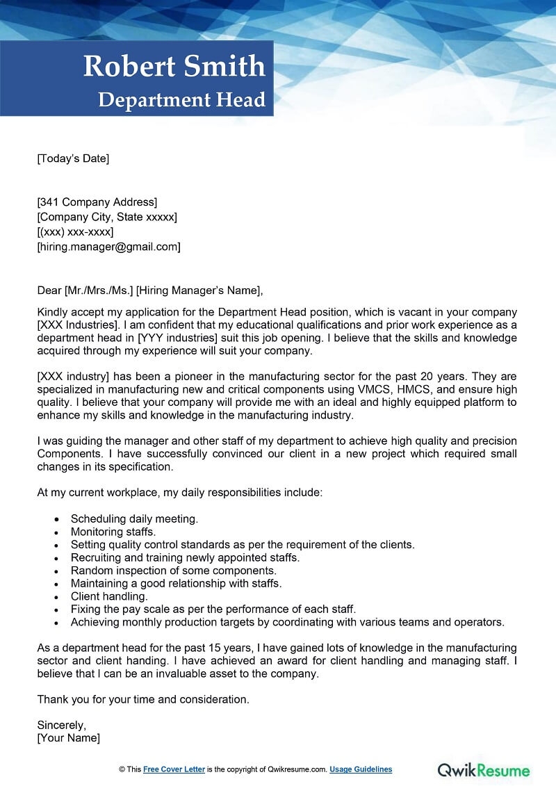 Department Head Cover Letter Examples QwikResume