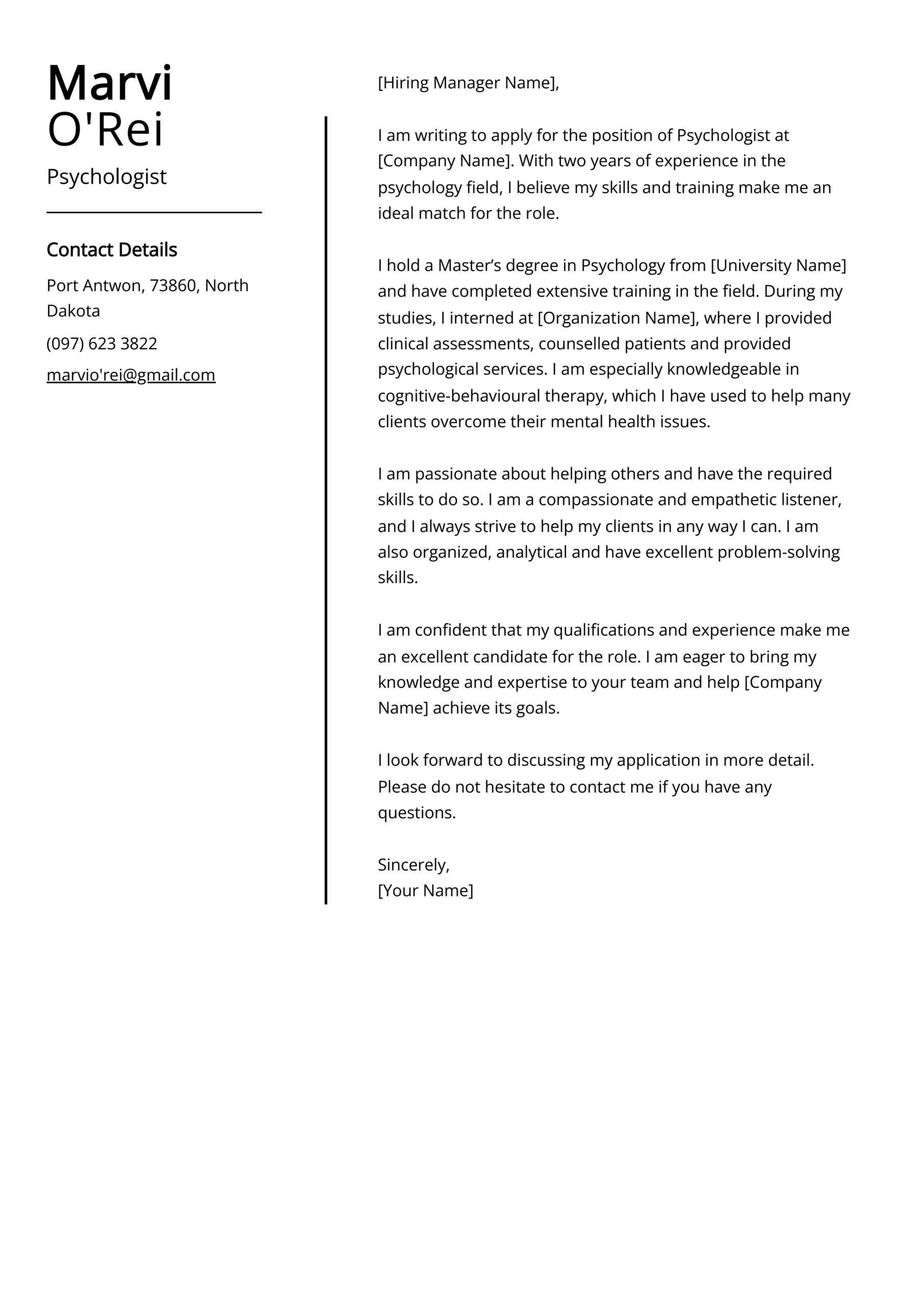 Experienced Psychologist Cover Letter Example Free Guide 