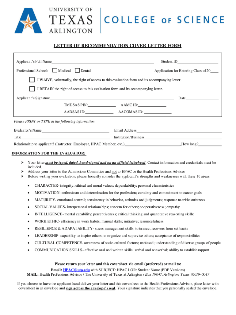 Fillable Online LETTER OF RECOMMENDATION COVER LETTER FORM UTA Fax Email Print PdfFiller