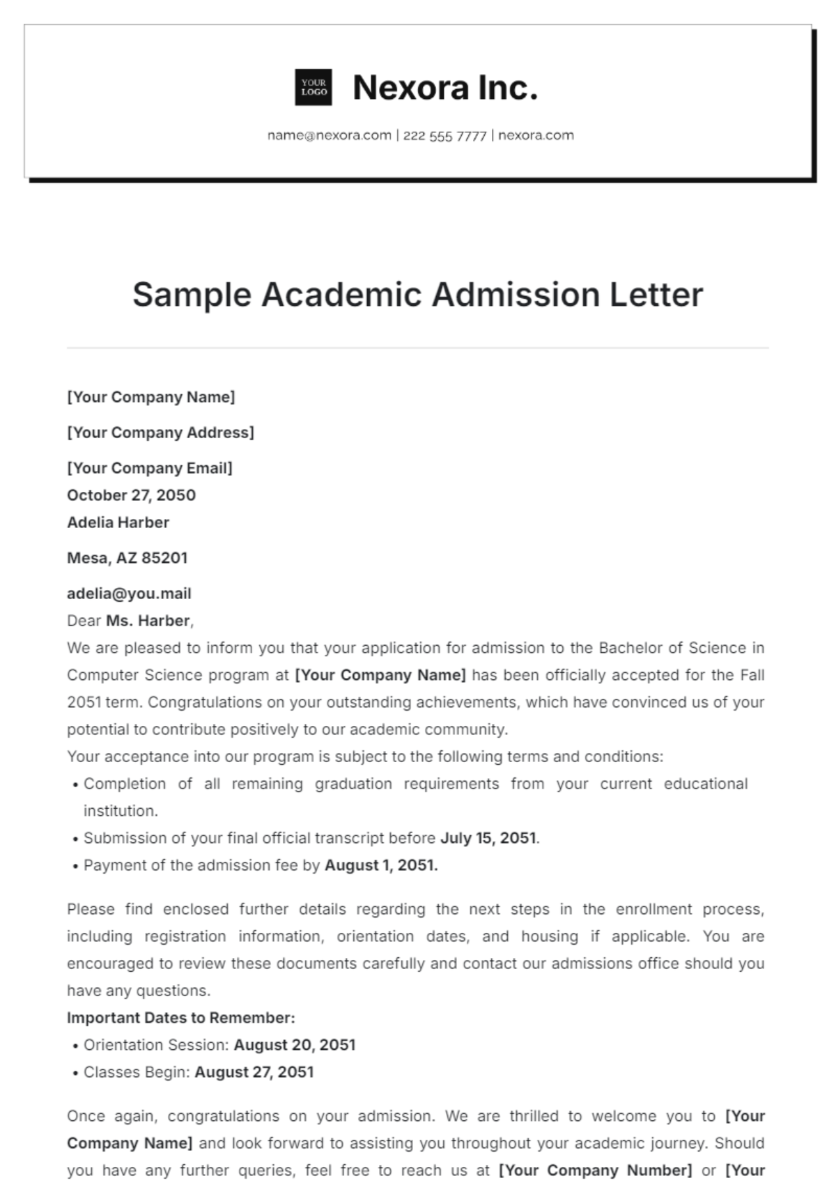Application Letter For Admission In University