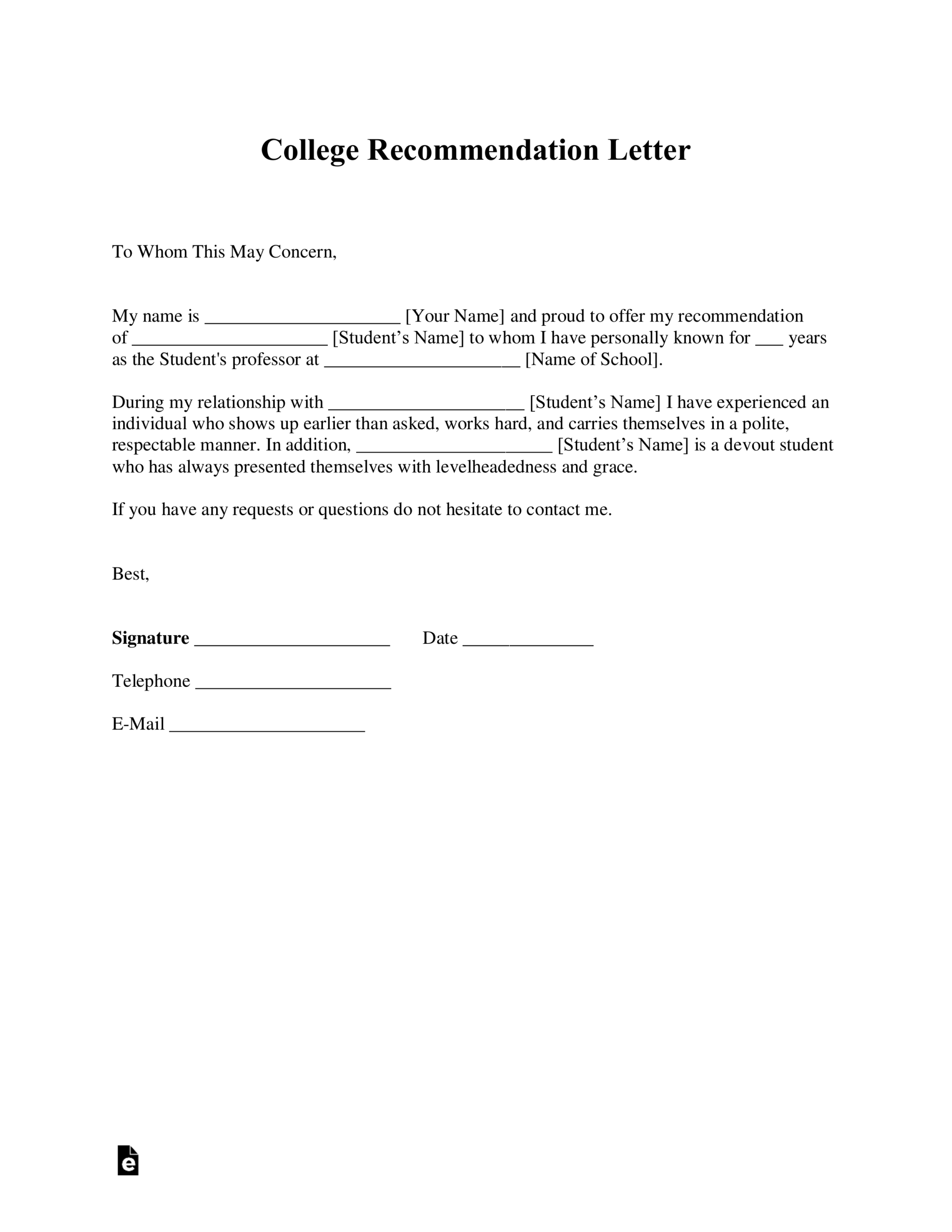 Free College Recommendation Letter Template PDF Word EForms