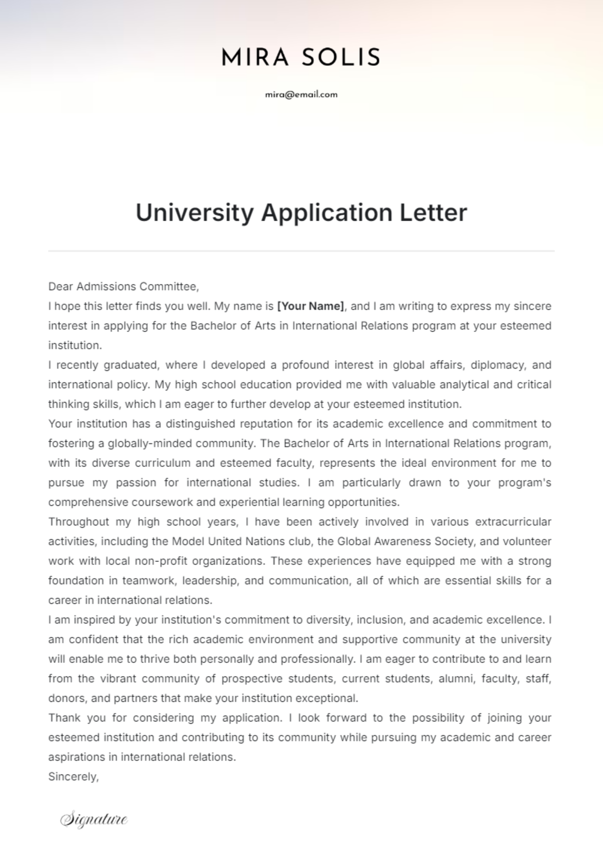 Sample University Applications Letters Word Free