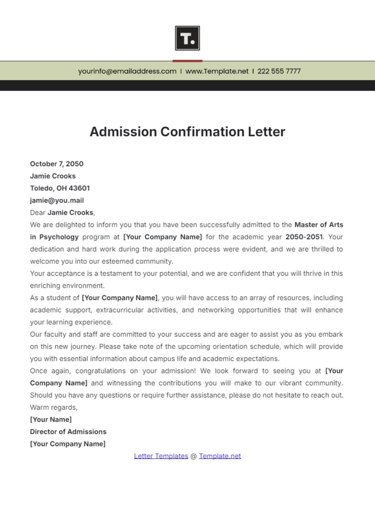 Free University Offer Letter Format Template To Edit Online