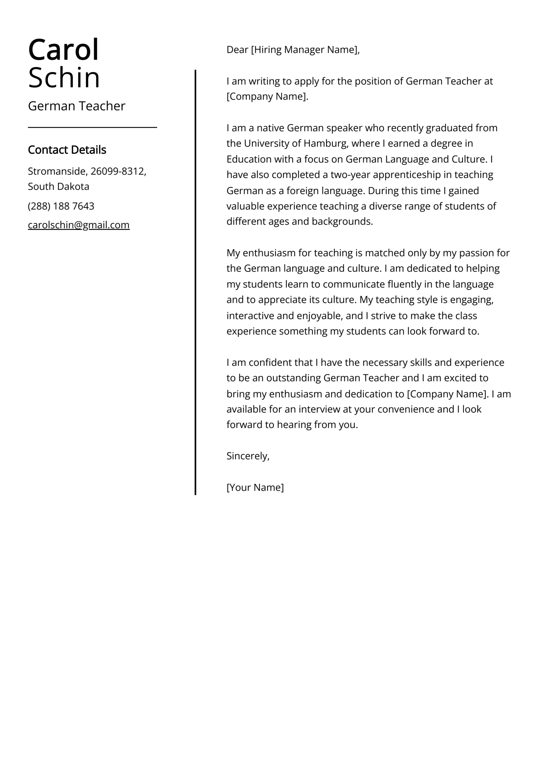 German Teacher Cover Letter Example Free Guide 