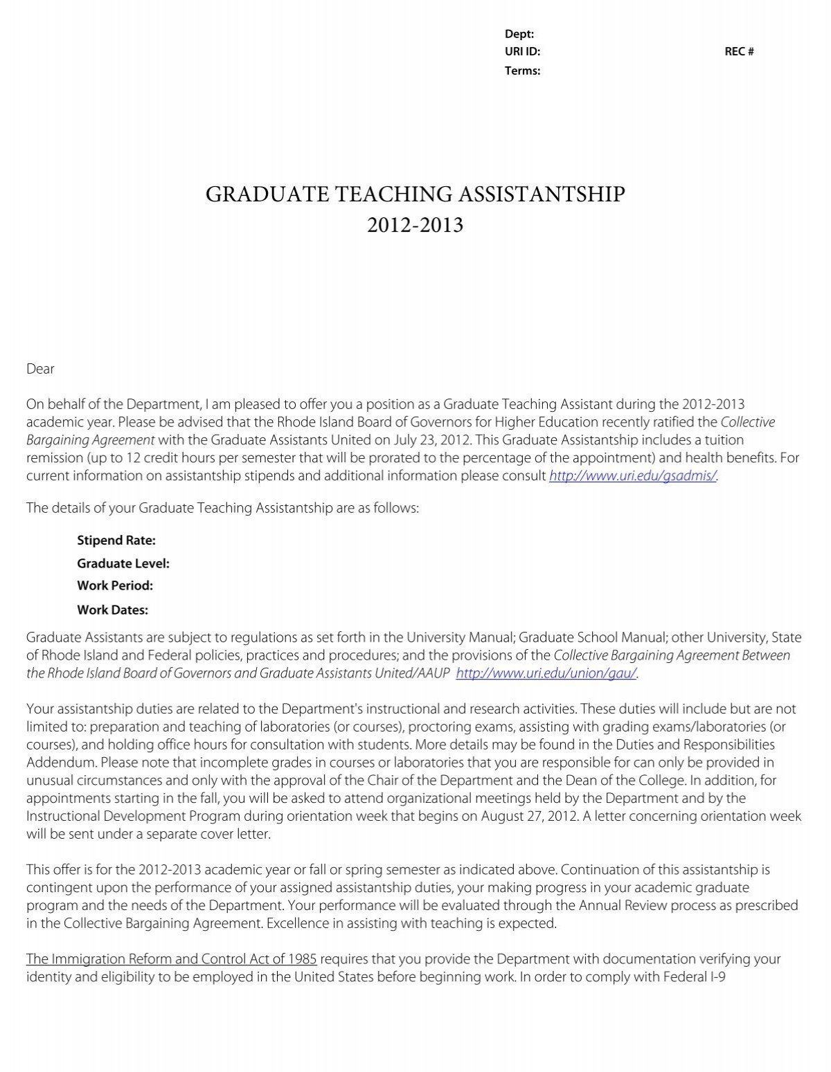 Graduate Assistantship Letter University Of Rhode Island