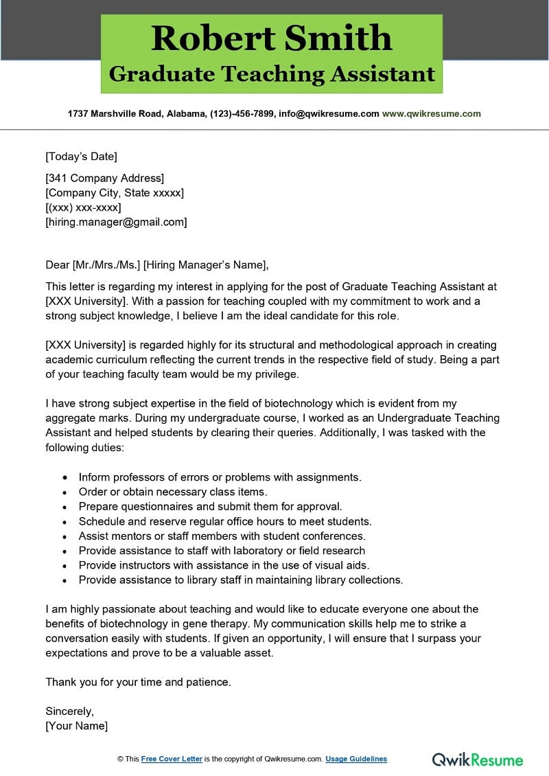 Graduate Teaching Assistant Cover Letter Examples QwikResume