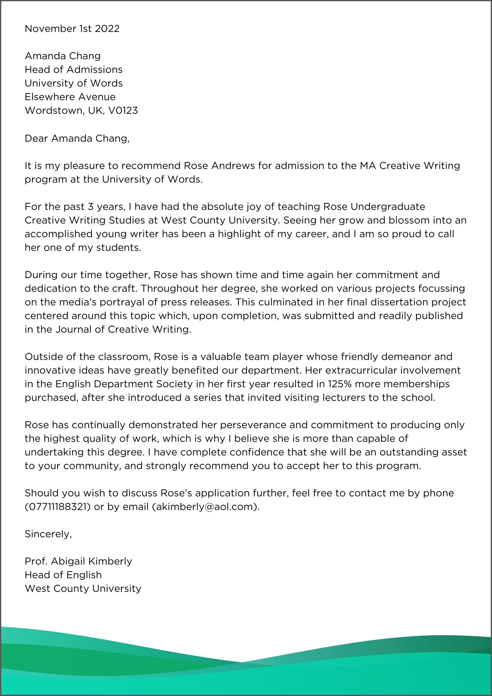 Professional Reference Letter For University Application