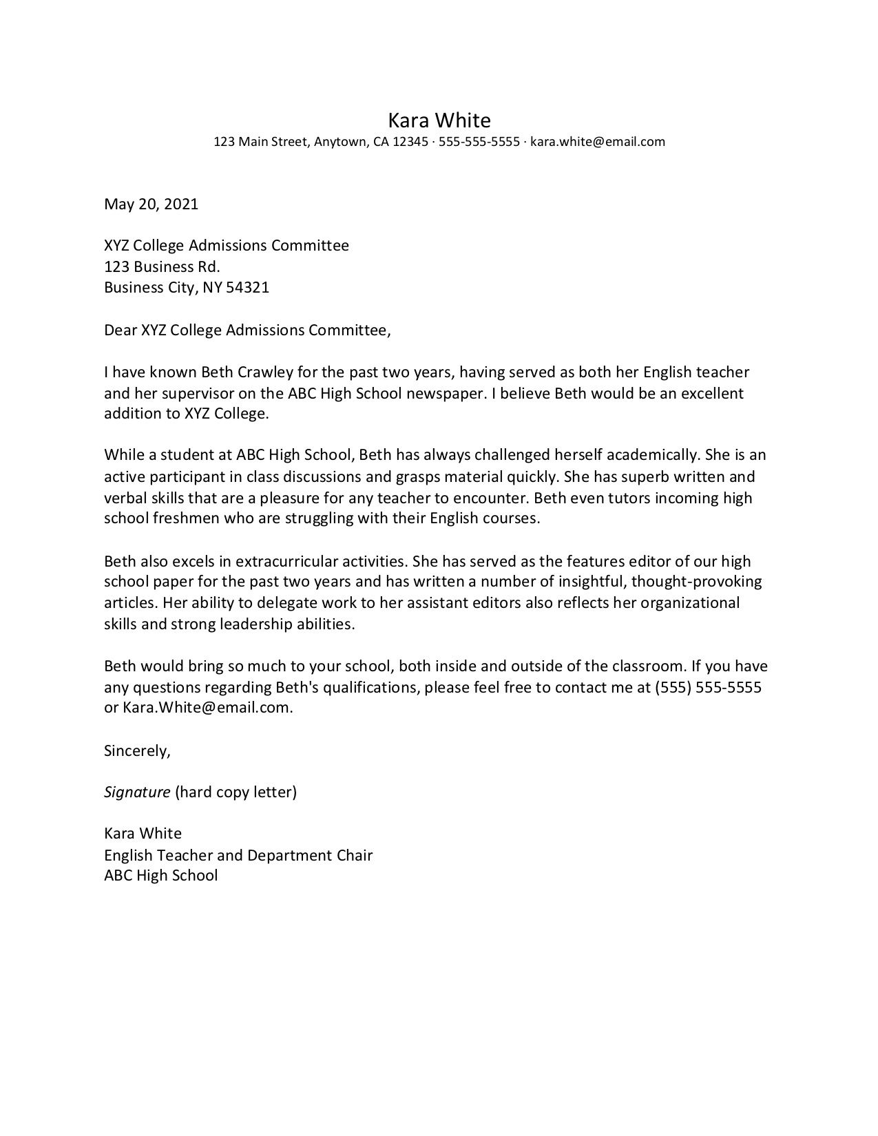How To Write A Recommendation Letter For College