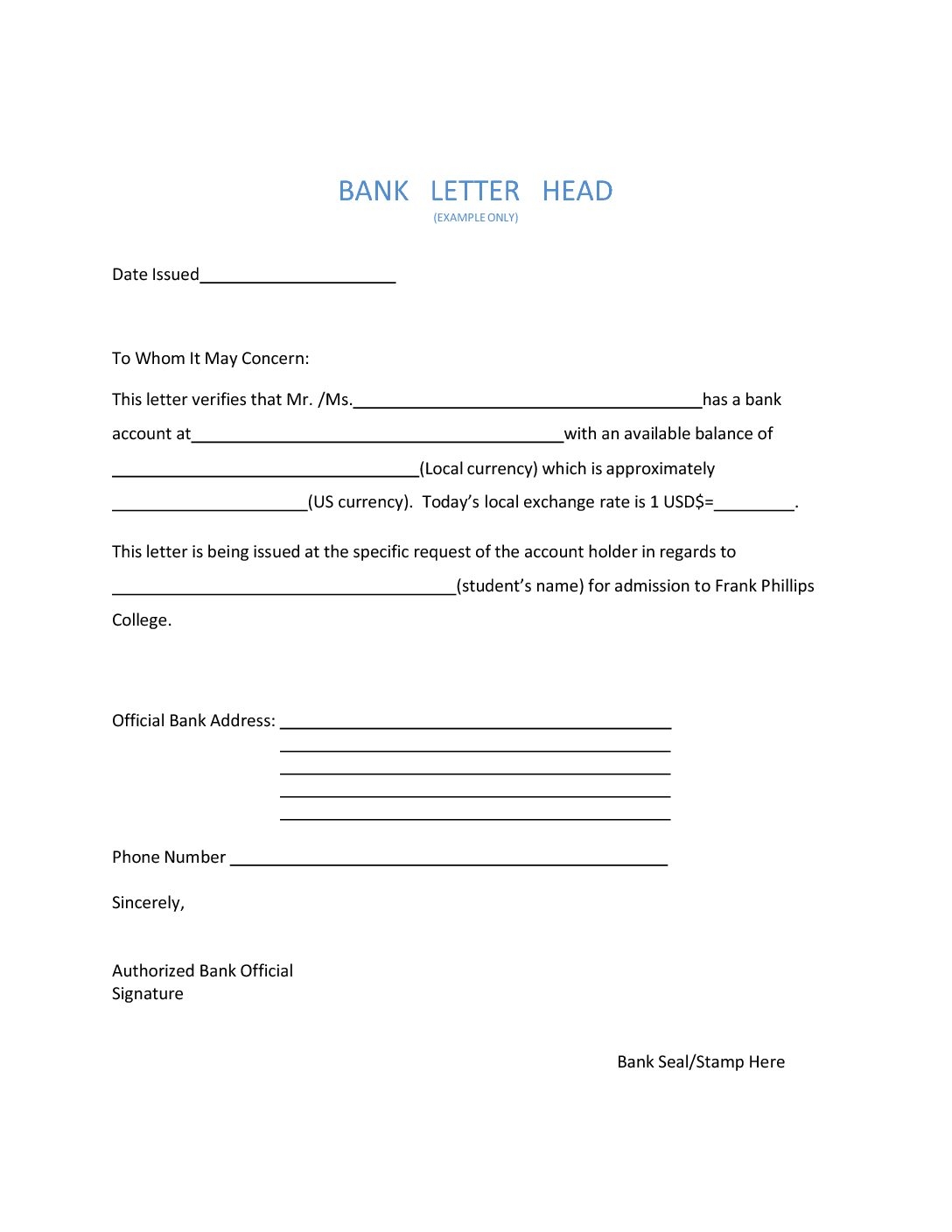 International Bank Letter Example Frank Phillips College