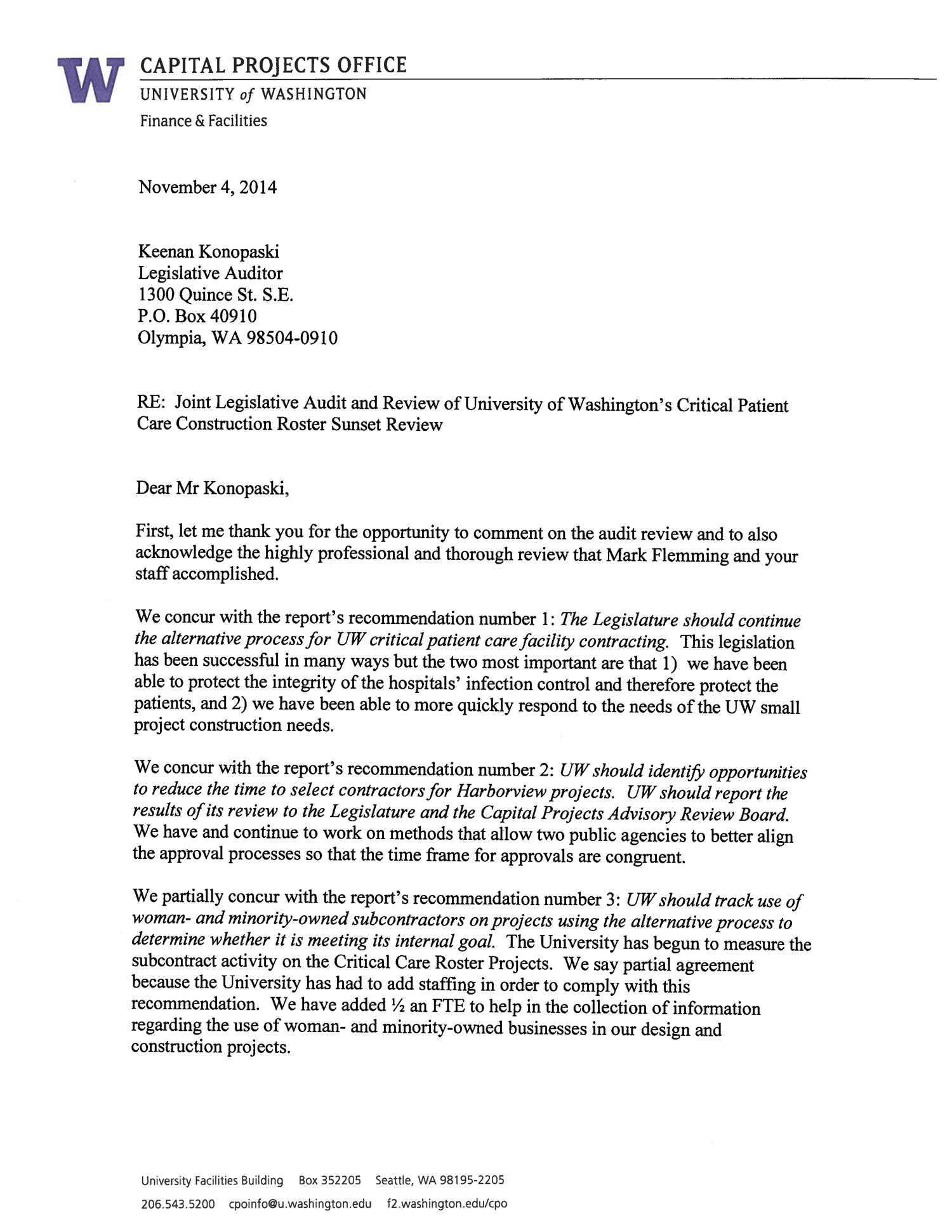 JLARC Report UW Alternative Process Sunset Review Agency Response