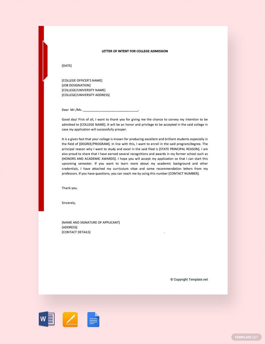 Letter Of Intent For College Admission In Google Docs Pages PDF Word Download Template