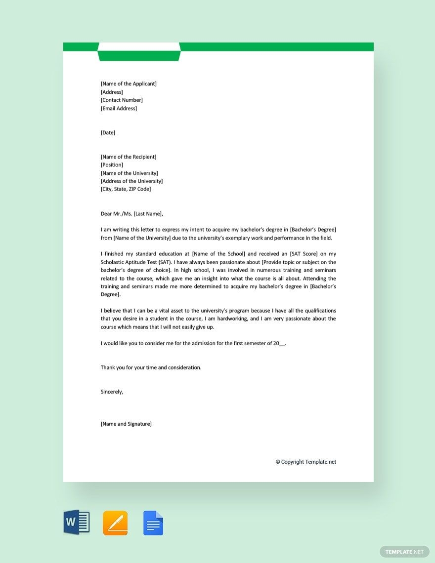 Letter Of Intent Application To University Sample