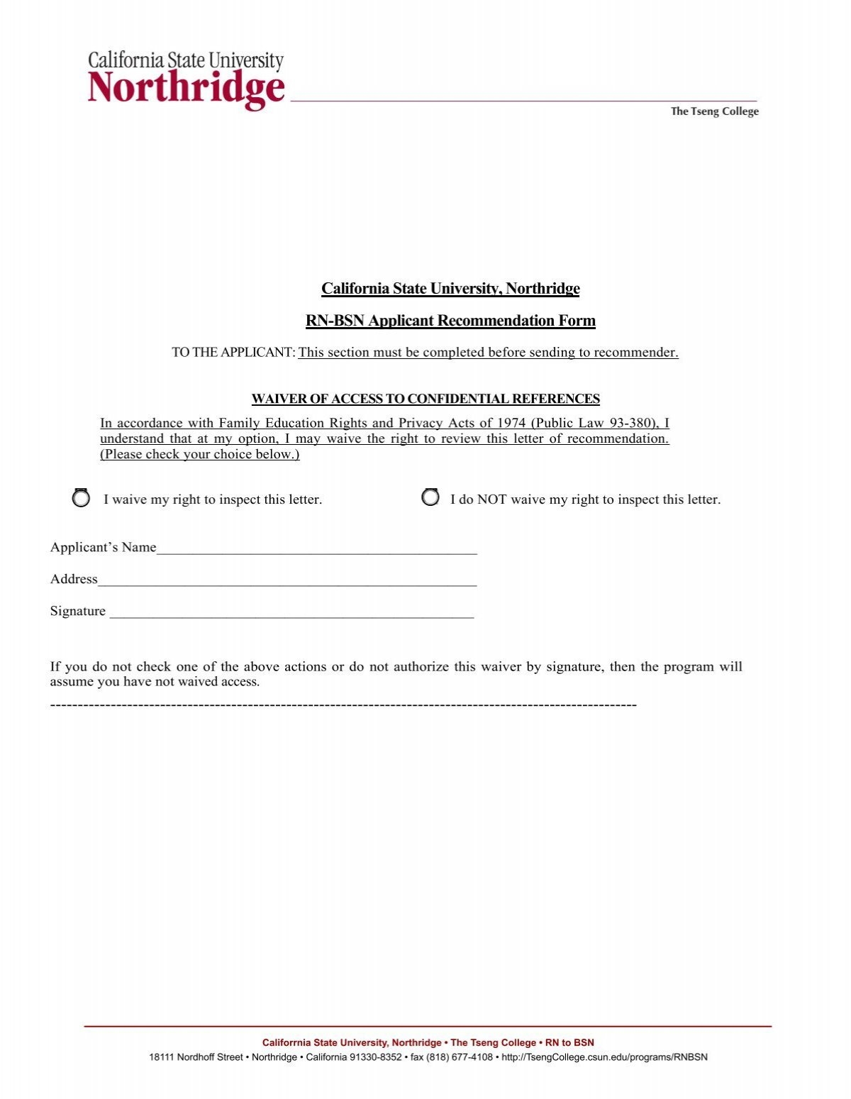 Letter Of Recommendation Forms Tseng College California State 