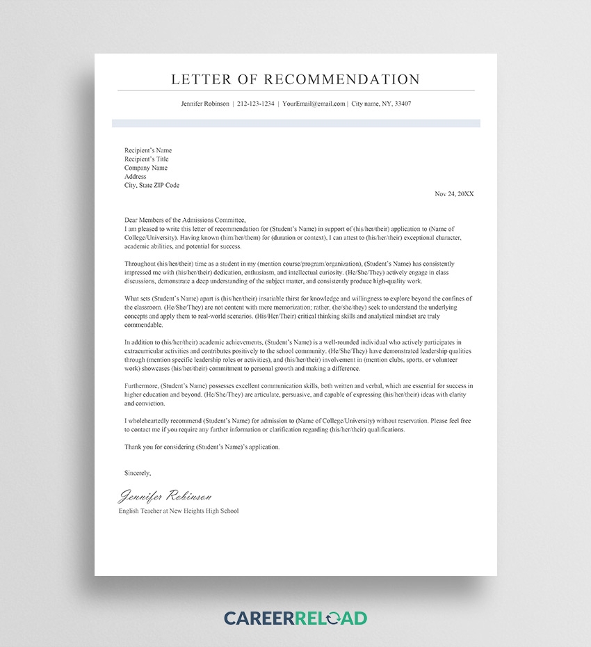 Recommendation Letter Examples Templates