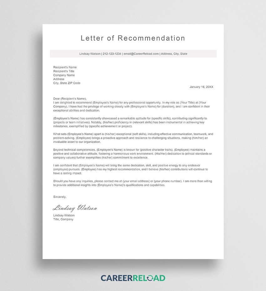 Letter Of Recommendation Template University Application