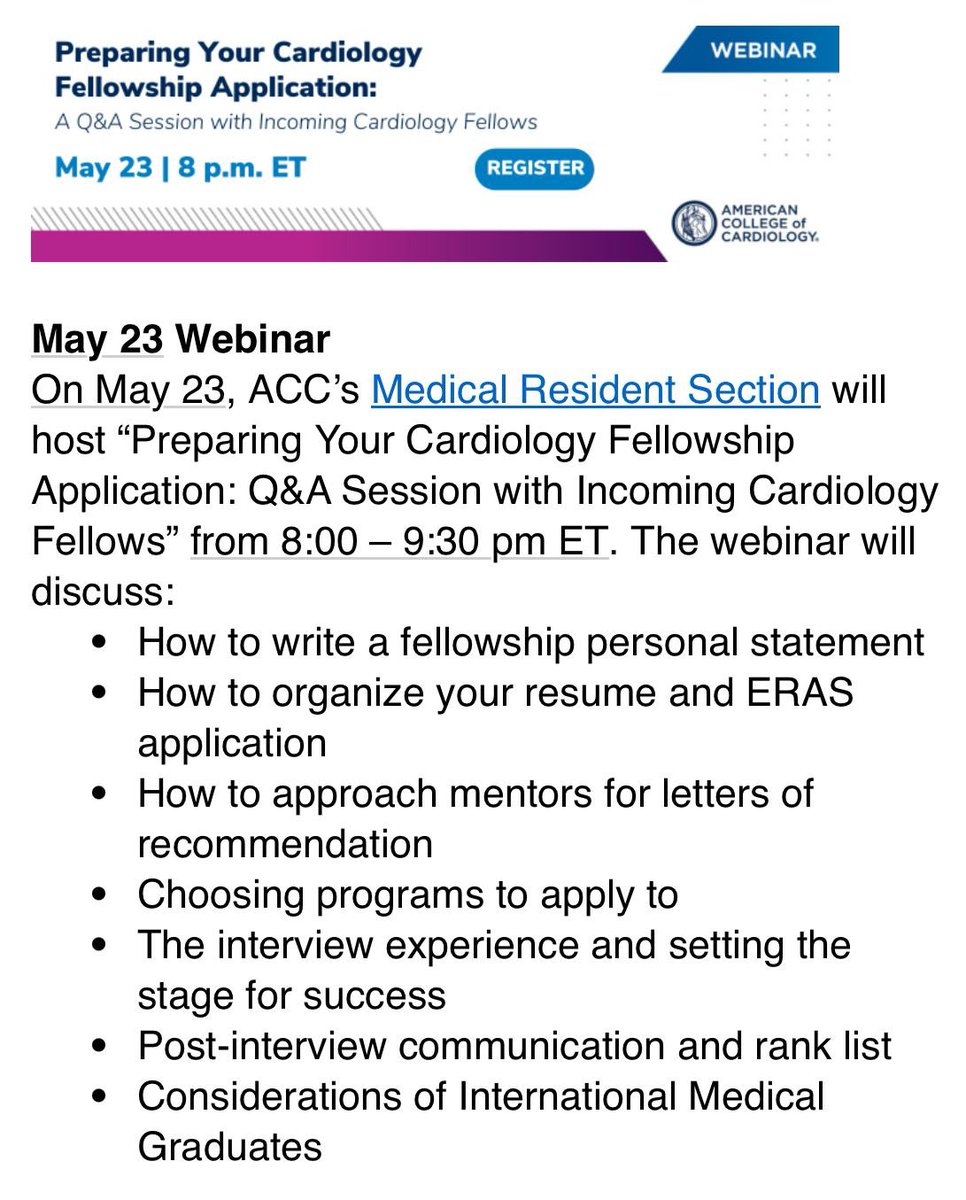Rishi Chandiramani On X As Part Of The ACC Resident Leadership Group We Are Very Excited To Invite All Residents Applying Into Cardiology To This High yield Preparing Your Cardiology Fellowship Application Q A