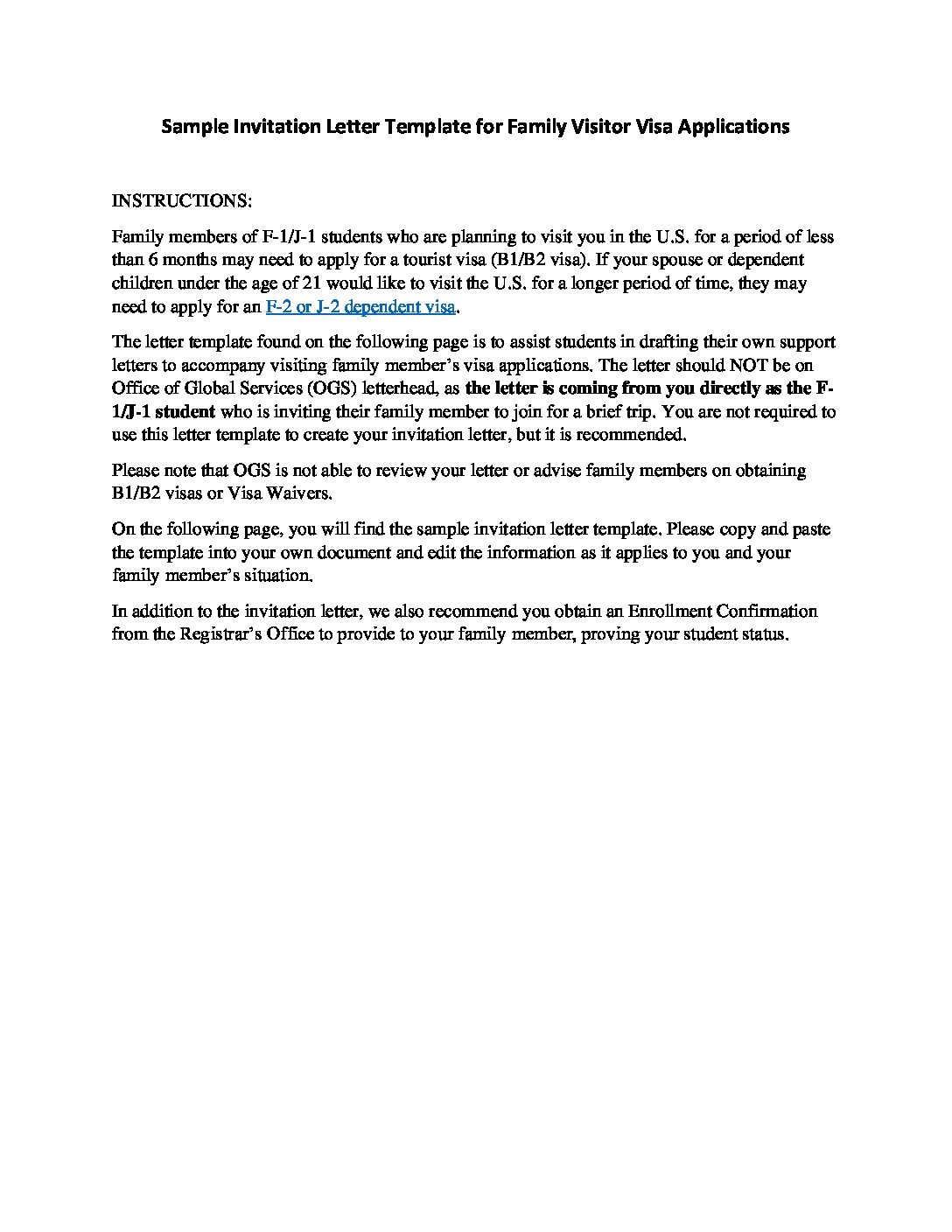 Sample Invitation Letter Template For Family Visitor Visa Applications Office Of Global Services