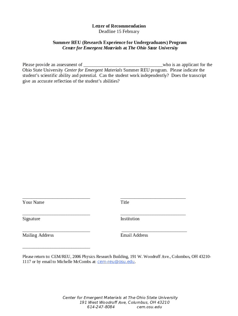 Ohio State University Graduate Application Reference Letter