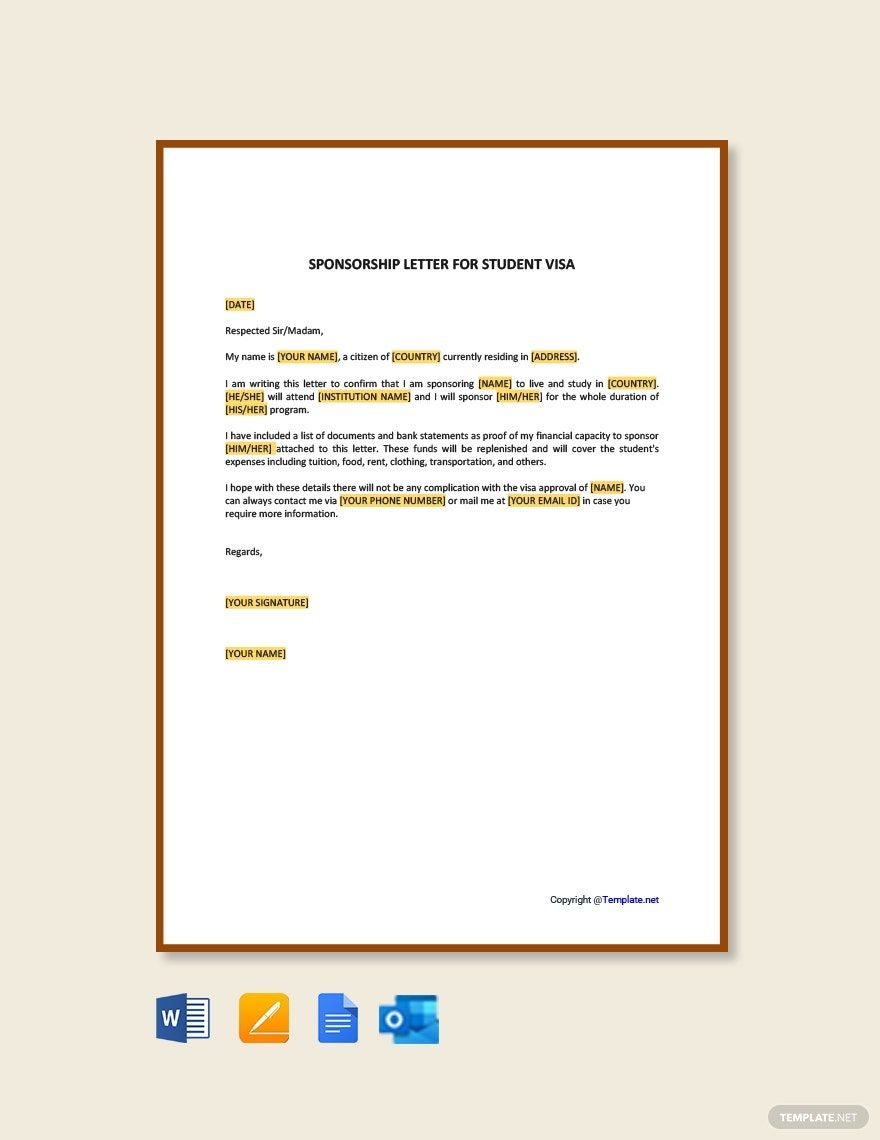 Sponsorship Letter For Student Visa In Pages Outlook PDF Word Google Docs Download Template